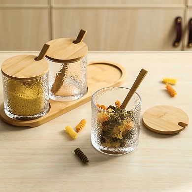 Three-Piece Hammered Glass Condiment Jar Set Clear Storage for Sugar or Spices