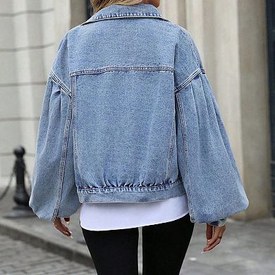 Womens Summer Fall Cropped Denim Jacket Bell Casual Long Sleeves Button Down Collared Loose Fit Coat