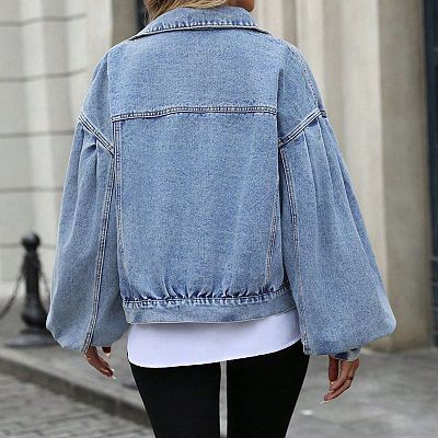 Womens Summer Fall Cropped Denim Jacket Bell Casual Long Sleeves