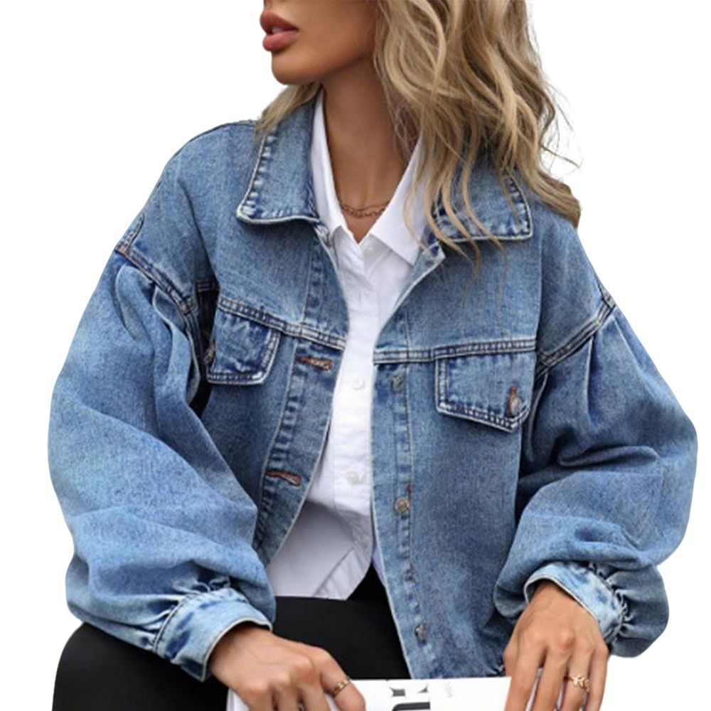 Womens Summer Fall Cropped Denim Jacket Bell Casual Long Sleeves