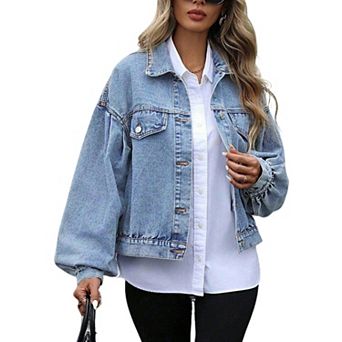 Womens Summer Fall Cropped Denim Jacket Bell Casual Long Sleeves Button Down Collared Loose Fit Coat