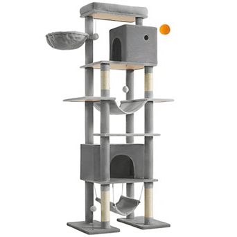 79 in Multi-Level Cat Tree with Large Perch, Caves, Hammocks and Sisal Scratching Posts Light Grey