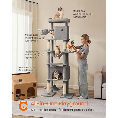 79-in Multi-Level Cat Tree with Large Perch, Caves, Hammocks and Sisal Scratching Posts Light Grey