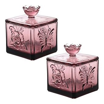 Set of 2 Embossed Butterfly Glass Jars With Lids 13 oz Candy or Snack Containers