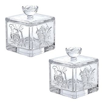Set of 2 Embossed Butterfly Glass Jars With Lids 13 oz Candy or Snack Containers