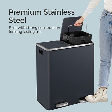 Modern Two Compartment Kitchen Garbage Bin with Pedal Lid Removable Buckets