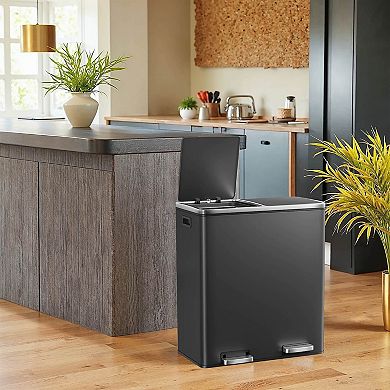 Modern Two Compartment Kitchen Garbage Bin with Pedal Lid Removable Buckets
