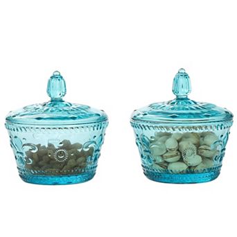 Set of 2 Embossed Glass Canisters With Lids 10 oz Retro Candy Jars