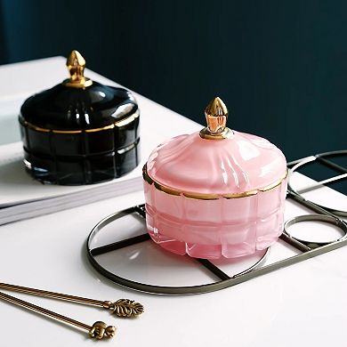 Glass Jewelry Box Embossed Block Pattern, Gold Tower Lid, Perfect for Accessories