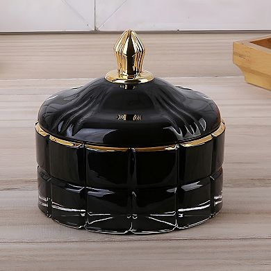 Glass Jewelry Box Embossed Block Pattern, Gold Tower Lid, Perfect for Accessories