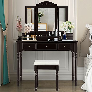 Costway 7 Drawers Vanity Set Dressing Table w/ Tri-Folding Mirror