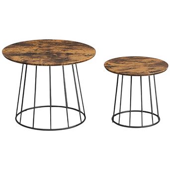 2 pc Round Coffee Table Set for Living Room or Sofa Side with Wood-Grain Tops - Rustic Brown