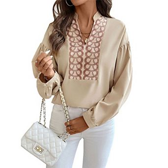 Women's Summer Fall Lantern Long Sleeve Stand Collar V-Neck Shirt Vintage Blouse Top