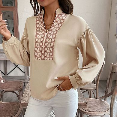 Women's Summer Fall Lantern Long Sleeve Stand Collar V-Neck Shirt Vintage Blouse Top