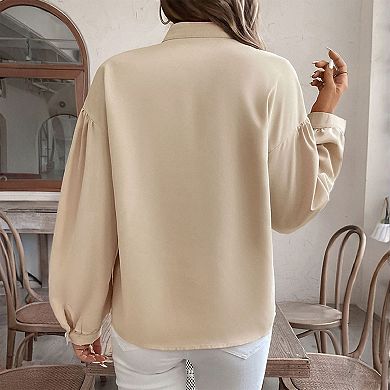 Women's Summer Fall Lantern Long Sleeve Stand Collar V-Neck Shirt Vintage Blouse Top