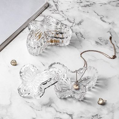 Set of 2 Butterfly Glass Storage Jars With Lids Candy or Jewelry Holders