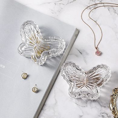 Set of 2 Butterfly Glass Storage Jars With Lids Candy or Jewelry Holders