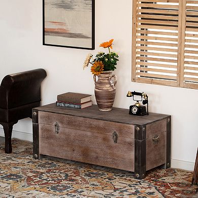 Vintiquewise Wooden Storage Trunk Bench with Black Metal Accents