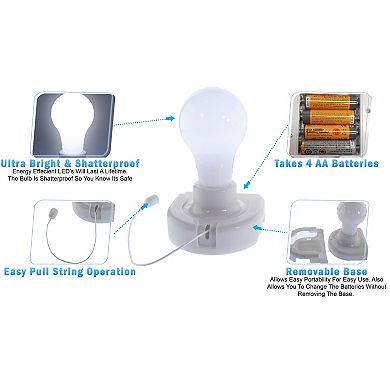 Shatterproof Portable LED Bulb - Battery Operated Pull String Light, 4 Pack