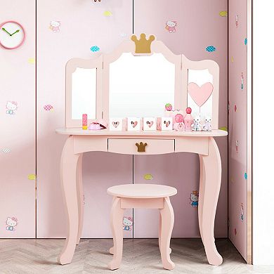 Costway Kids Makeup Dressing Table Chair Set Princess Vanity & Tri-folding Mirror