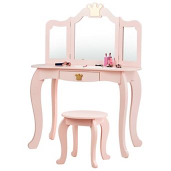 Costway Kids Makeup Dressing Table Chair Set Princess Vanity & Tri-folding Mirror