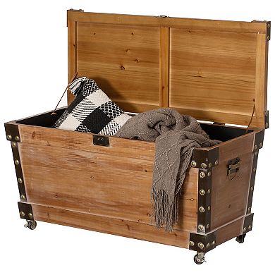 Vintiquewise Wooden Storage Trunk Bench with Wheels and Black Metal Accents Blanket & Linen Chest