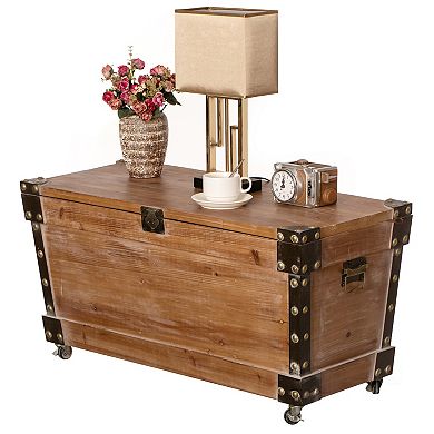 Vintiquewise Wooden Storage Trunk Bench with Wheels and Black Metal Accents Blanket & Linen Chest