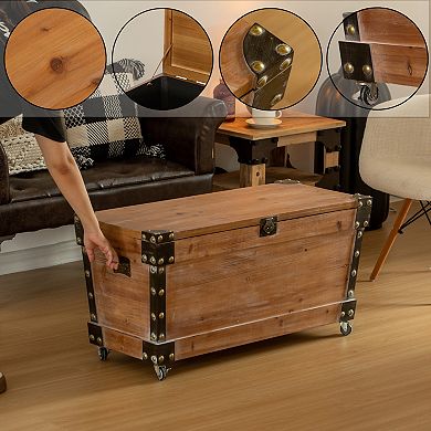 Vintiquewise Wooden Storage Trunk Bench with Wheels and Black Metal Accents Blanket & Linen Chest