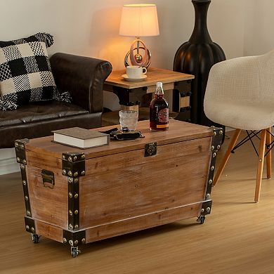 Vintiquewise Wooden Storage Trunk Bench with Wheels and Black Metal Accents Blanket & Linen Chest