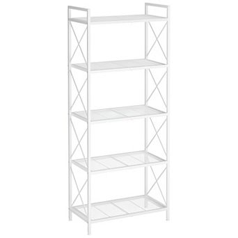 White Metal Shelf Unit with X-Side Bars and Adjustable Feet for Home Organization