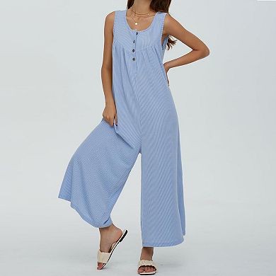 Women's Sleeveless Jumpsuit Casual Loose Fit Wide Leg Romper With Pockets
