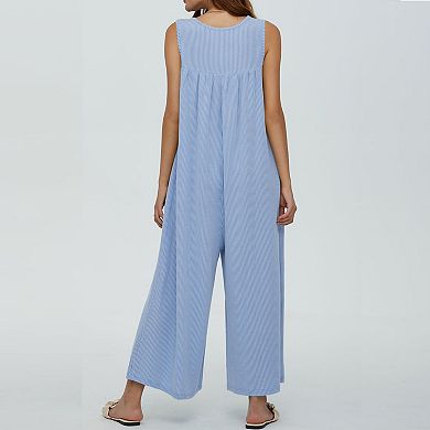 Women's Sleeveless Jumpsuit Casual Loose Fit Wide Leg Romper With Pockets