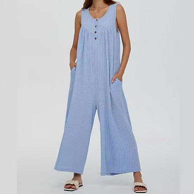 Women's Sleeveless Jumpsuit Casual Loose Fit Wide Leg Romper With Pockets