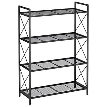 Black Metal Shelf Unit with X-Side Bars, Adjustable Feet for Home Organization