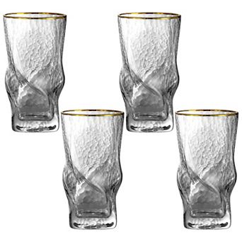 Set of 4 Hammered Twist Highball Glasses With Gold Rim 14 oz Cocktail Tumblers
