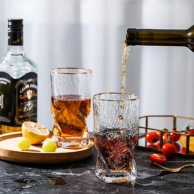 Set of 4 Hammered Twist Highball Glasses With Gold Rim 14 oz Cocktail Tumblers