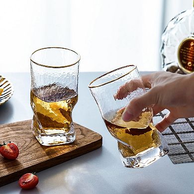 Set of 4 Hammered Twist Highball Glasses With Gold Rim 14 oz Cocktail Tumblers