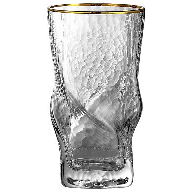 Set of 4 Hammered Twist Highball Glasses With Gold Rim 14 oz Cocktail Tumblers