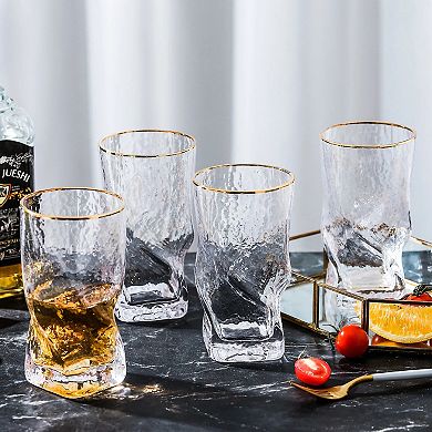 Set of 4 Hammered Twist Highball Glasses With Gold Rim 14 oz Cocktail Tumblers