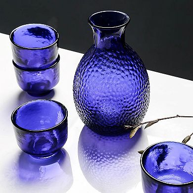 5-Piece Sake Set 9.5oz Jug with 4 Glasses Hand-Blown Glass for Sake Drinking, Tabletop or Counter