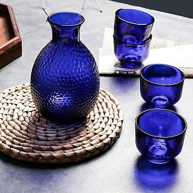 5-Piece Sake Set 9.5oz Jug with 4 Glasses Hand-Blown Glass for Sake Drinking, Tabletop or Counter