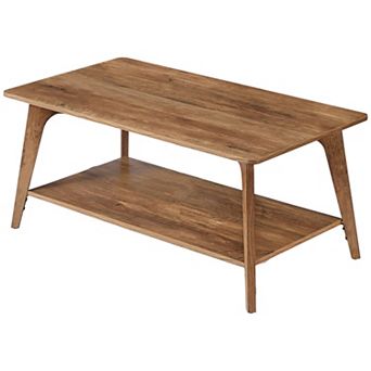 2 tier Mid-Century Coffee Table for Living Room with Wide Top and Lower Storage Shelf - Honey Brown