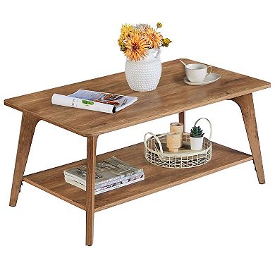 2-Tier Mid-Century Coffee Table for Living Room with Wide Top and Lower Storage Shelf - Honey Brown