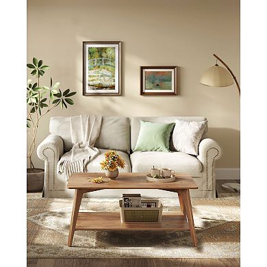 2-Tier Mid-Century Coffee Table for Living Room with Wide Top and Lower Storage Shelf - Honey Brown