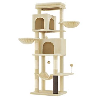 69 in Multi-Level Cat Tree with Two Caves, Hammock, Baskets and Sisal Scratching Posts - Sand Beige