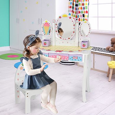 Costway Kids Vanity Princess Makeup Dressing Table Chair Set w/ Tri-fold Mirror