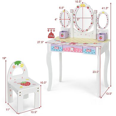 Costway Kids Vanity Princess Makeup Dressing Table Chair Set w/ Tri-fold Mirror
