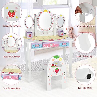 Costway Kids Vanity Princess Makeup Dressing Table Chair Set w/ Tri-fold Mirror