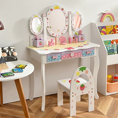 Costway Kids Vanity Princess Makeup Dressing Table Chair Set w/ Tri-fold Mirror