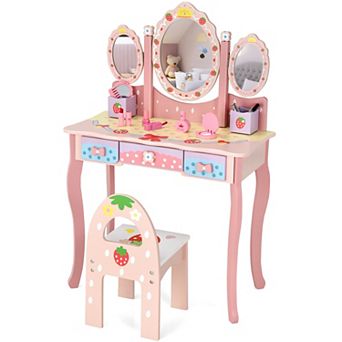 Costway Kids Vanity Princess Makeup Dressing Table Chair Set w/ Tri-fold Mirror